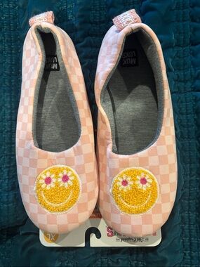 Muk Luks Pink and Yellow Checkered Ballet Flats with Smiley Detail